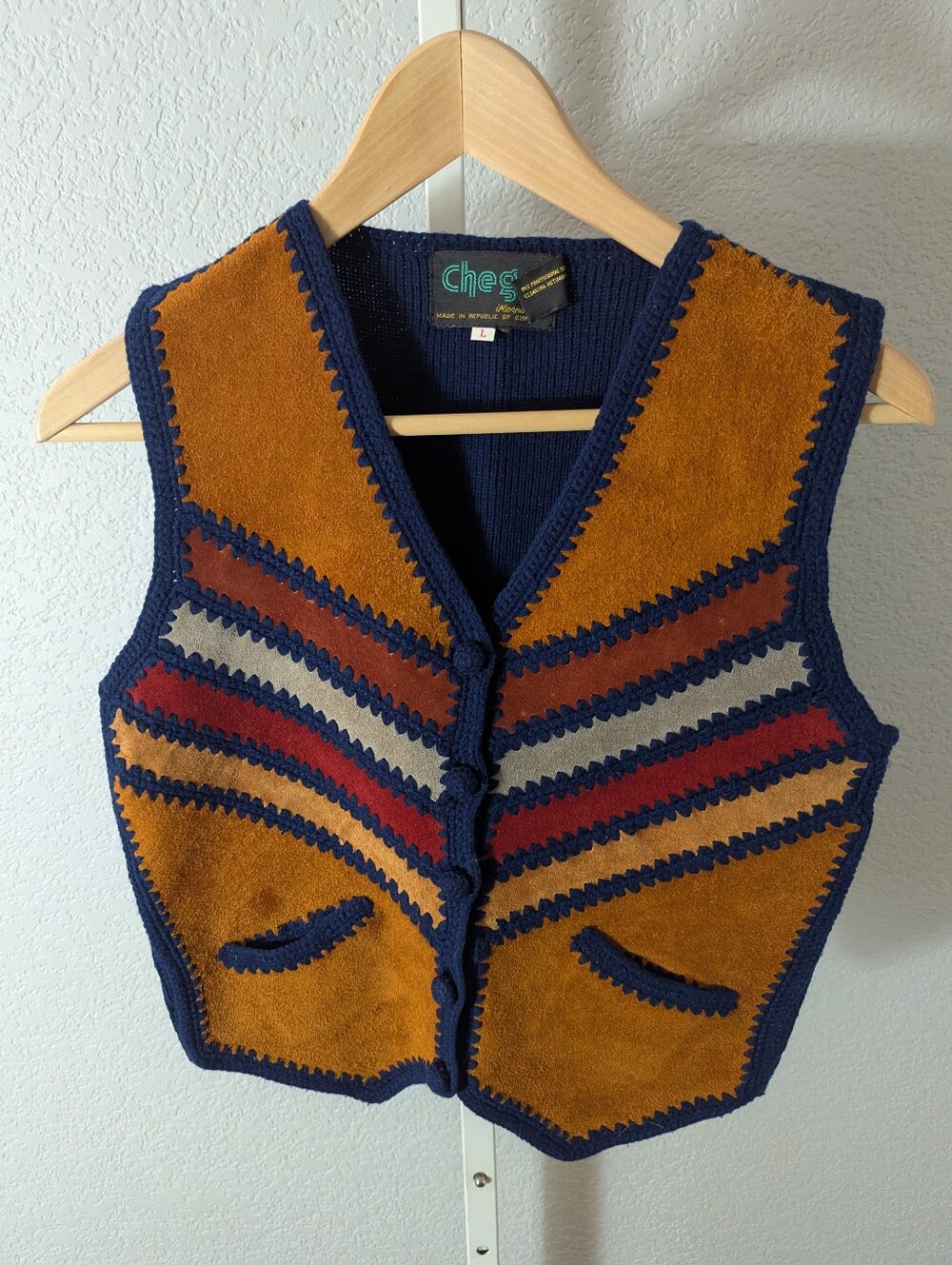 VTG 70s Chego International Suede Knit Patchwork Boho Vest Size L